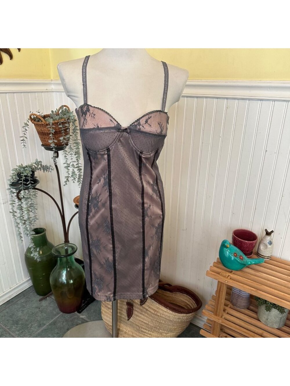 Rinascimento Made In Italy Lace & Sheer Slip Dress M Gray With Black Floral Acce